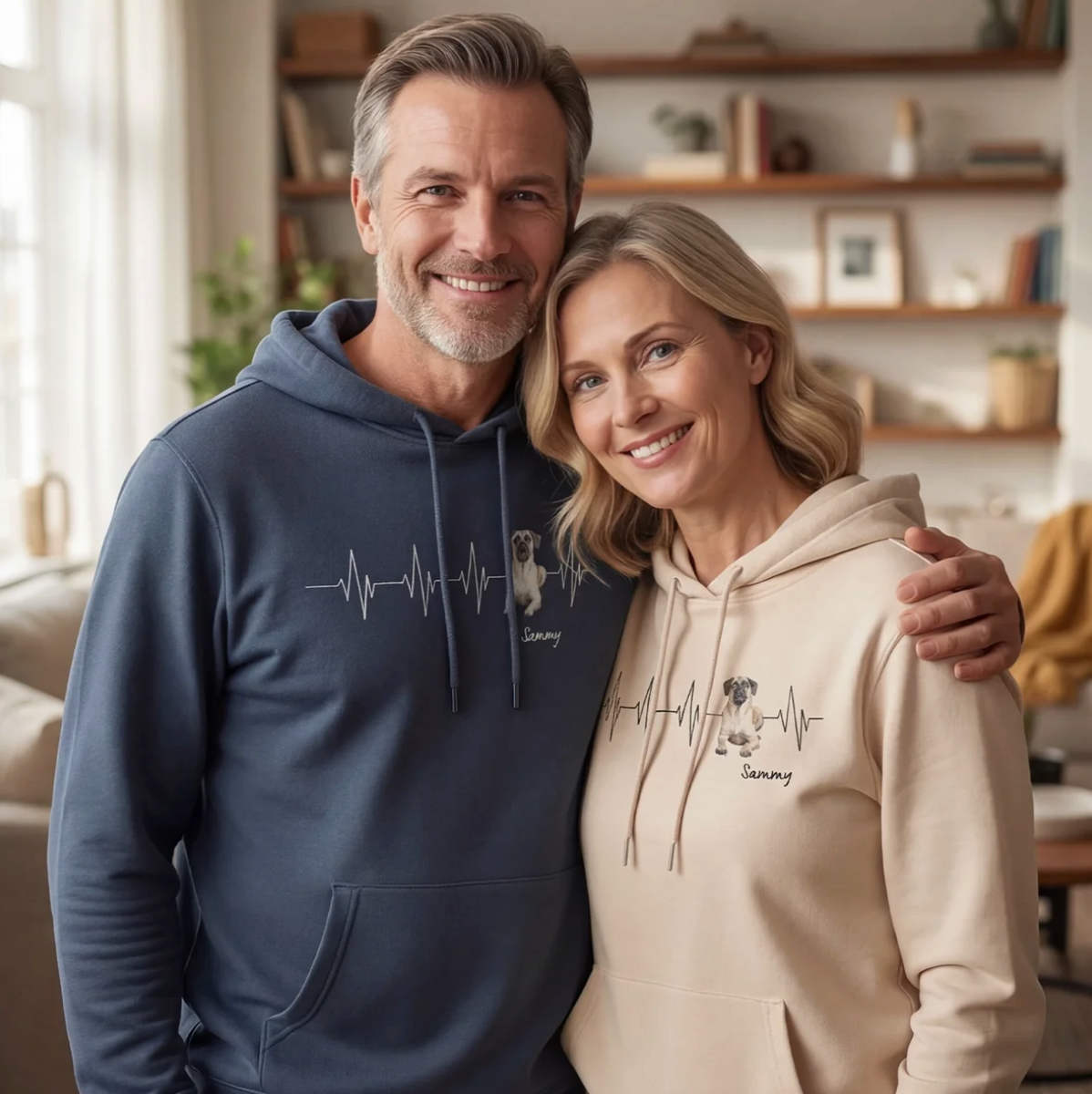 Personalisierte Hoodies in Blau und Beige mit Herzschlag-Design und Hundeillustration.