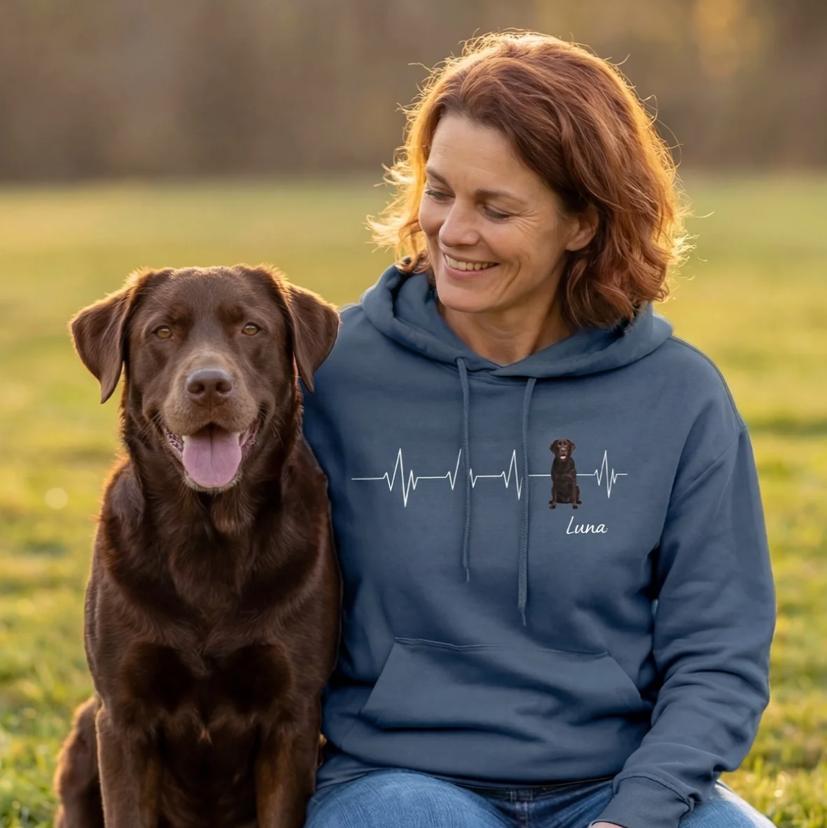 Personalisierter blauer Hoodie mit Herzschlag-Motiv und Hundebild. Frau sitzt mit Hund auf dem Rasen.