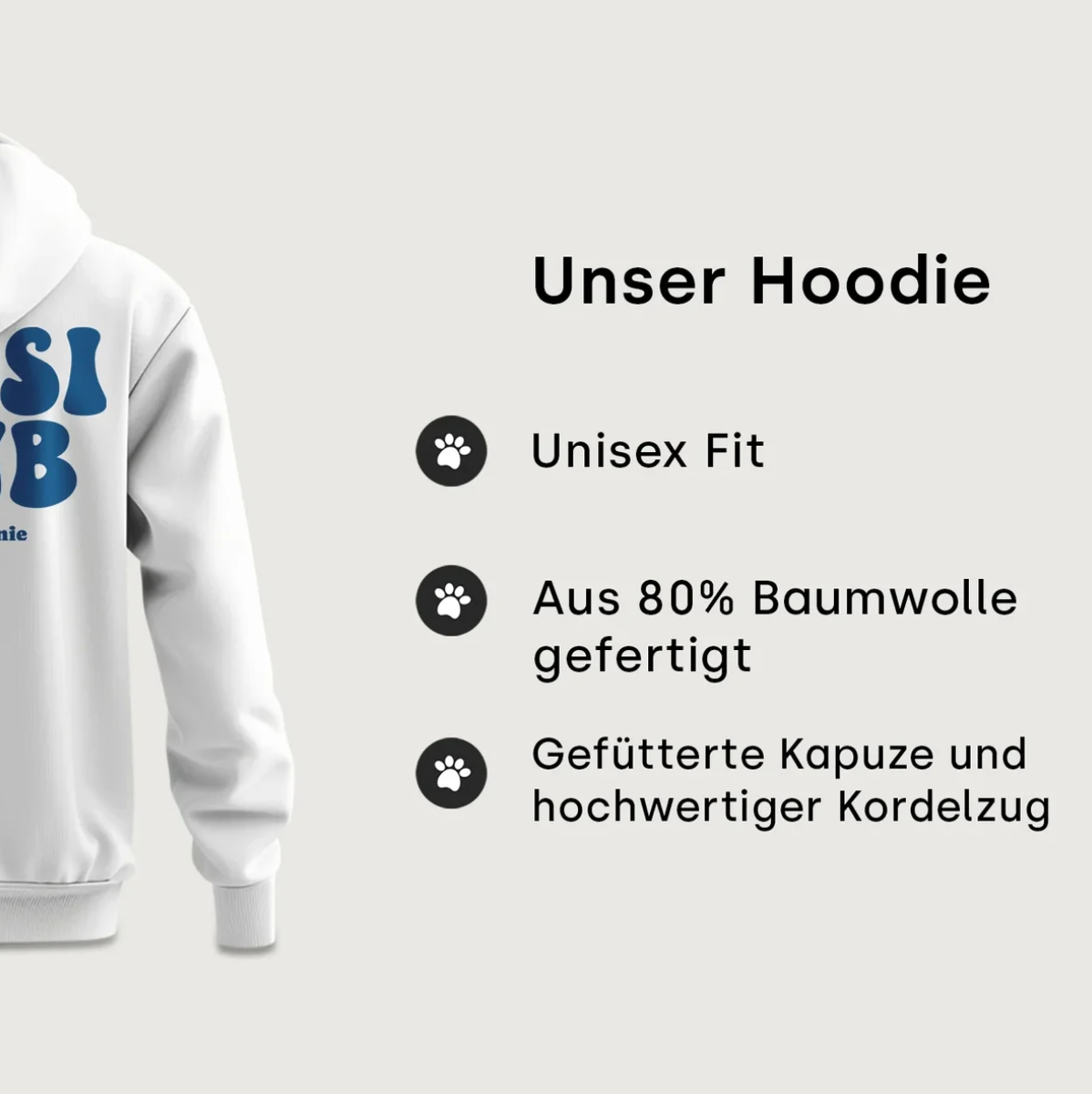 Weißer Hoodie mit blauer Aufschrift "Gassi Club", Unisex Fit, aus 80% Baumwolle, gefütterte Kapuze.