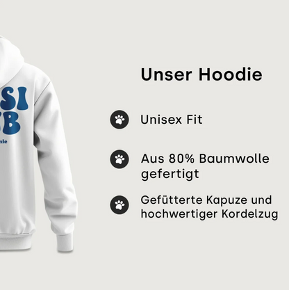 Weißer Hoodie mit blauer Aufschrift "Gassi Club", Unisex Fit, aus 80% Baumwolle, gefütterte Kapuze.