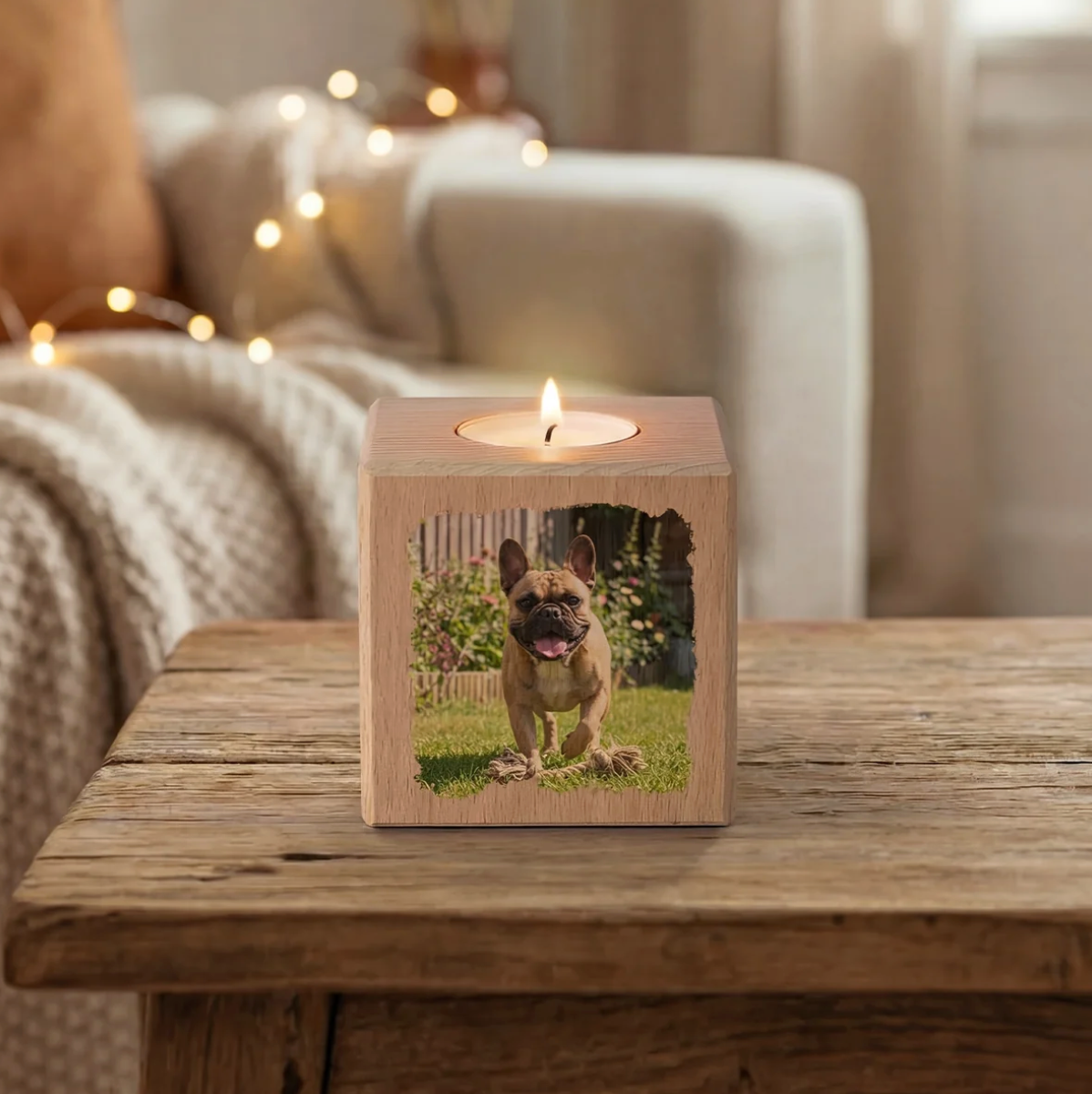 Personalisierter Kerzenwürfel aus Holz mit Fotoausschnitt und brennender Kerze oben.