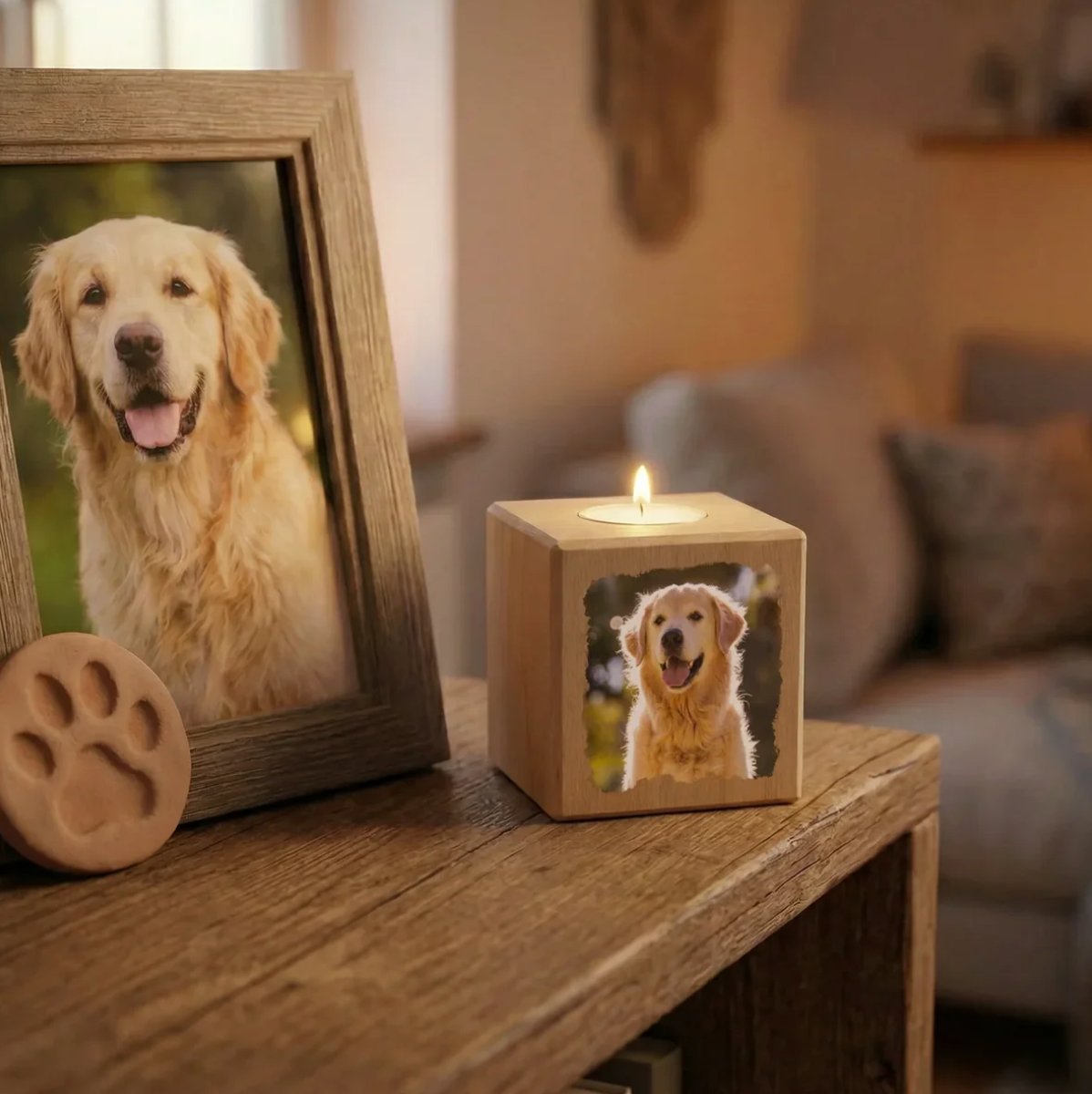 Personalisierter Kerzenwürfel aus Holz mit Foto eines Hundes, Teelicht auf der Oberseite, Holzfarbe.