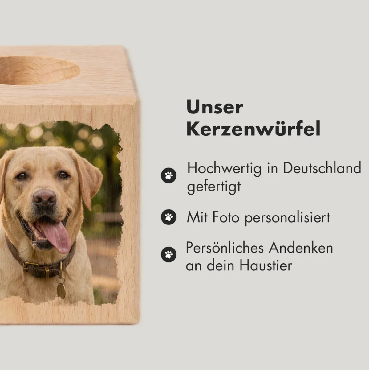 Personalisierter Kerzenwürfel aus Holz mit Foto eines Hundes, gefertigt in Deutschland.