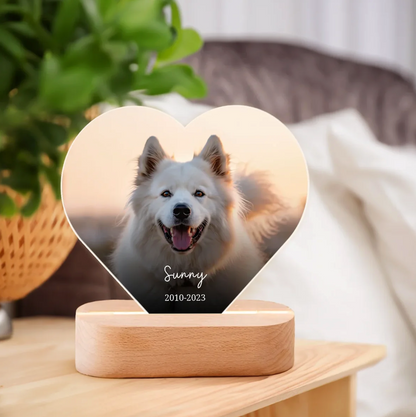Herzförmiges LED Nachtlicht mit Hundebild, personalisiert, montiert auf einem Holzsockel.