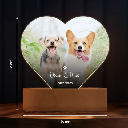 Personalisiertes LED Nachtlicht in Herzform mit Foto von zwei Hunden auf Holzsockel, 16 cm x 14 cm.