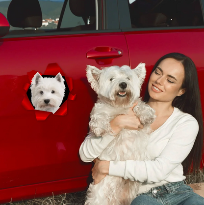 Person mit einem weißen Hund, Auto in roter Farbe im Hintergrund, Autoaufkleber mit Hundebild.