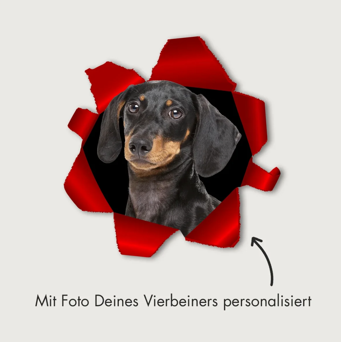 Personalisierter Autoaufkleber mit Hundebild auf rotem Hintergrund.