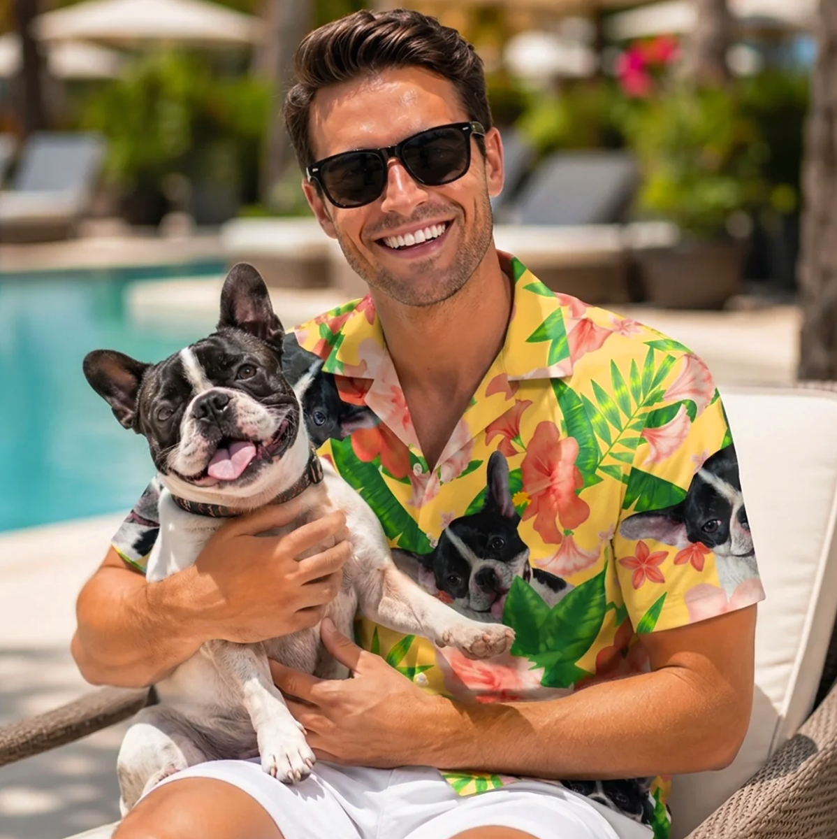 Personalisierte Hawaiihemden mit buntem Blüten- und Pflanzenmuster, getragen von einem Mann mit Hund.