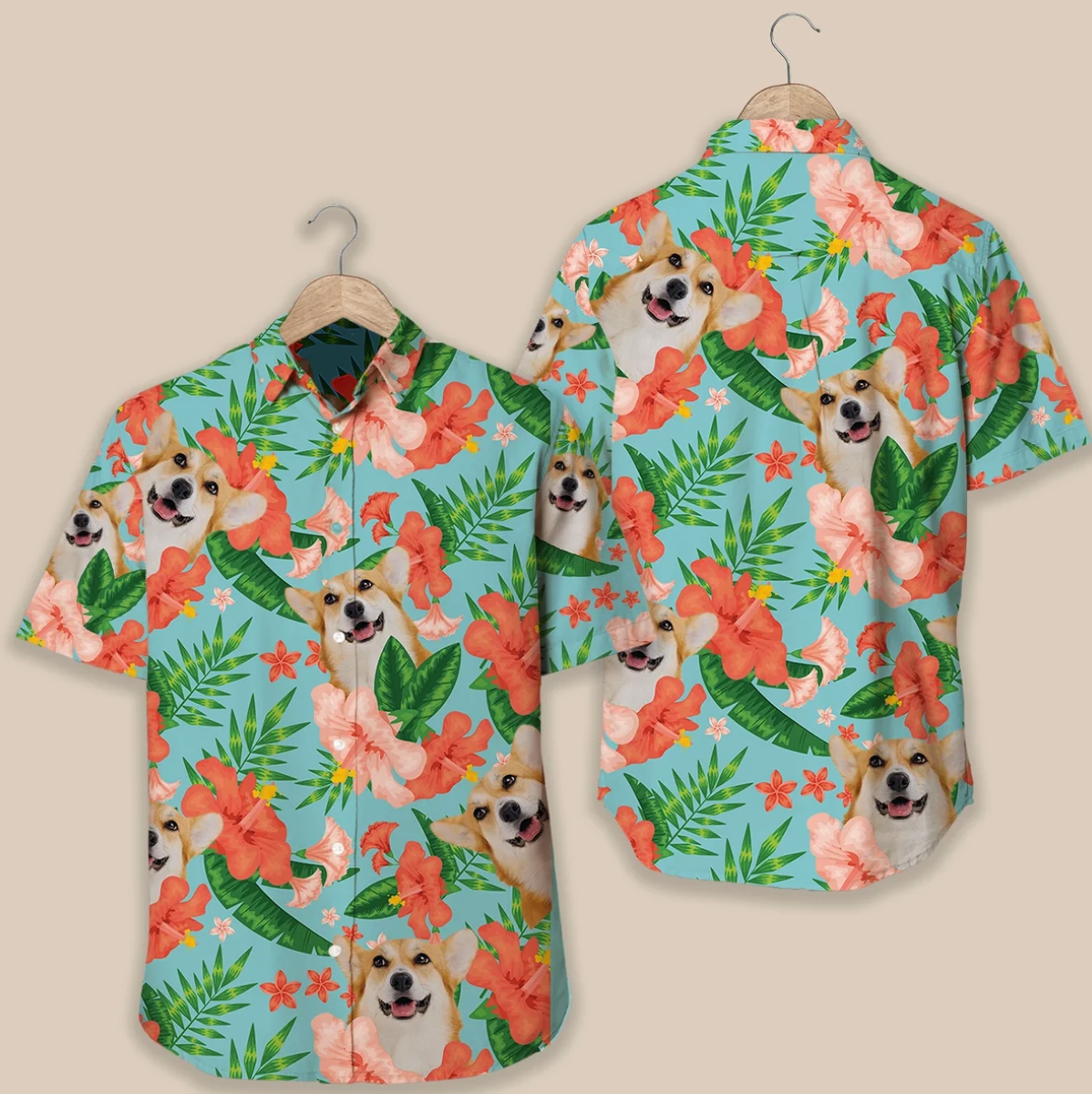 Personalisiertes Hawaiihemd mit buntem Blumendesign und Hundemotiv, aus leichtem Material.