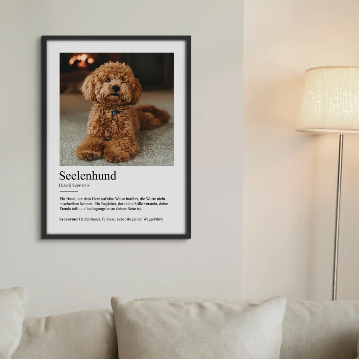Personalisierte Poster mit Definition "Seelenhund" und Foto eines Hundes in einem schwarzen Rahmen.