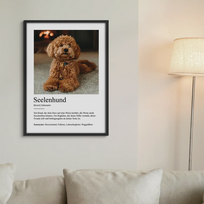 Personalisierte Poster mit Definition "Seelenhund" und Foto eines Hundes in einem schwarzen Rahmen.