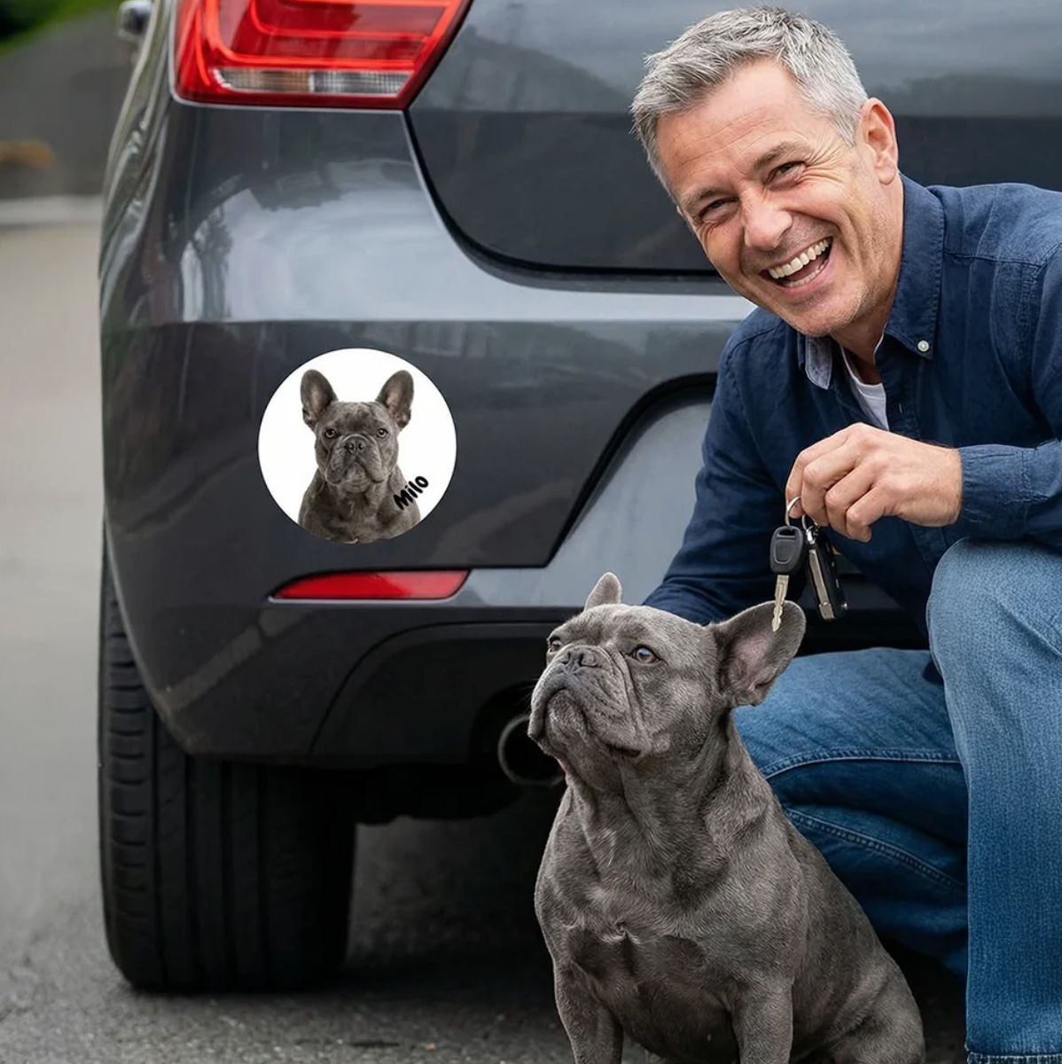 Personalisierter Autoaufkleber mit Hundeabbildung auf grauem Auto, daneben lächelnder Mann mit einem Hund.