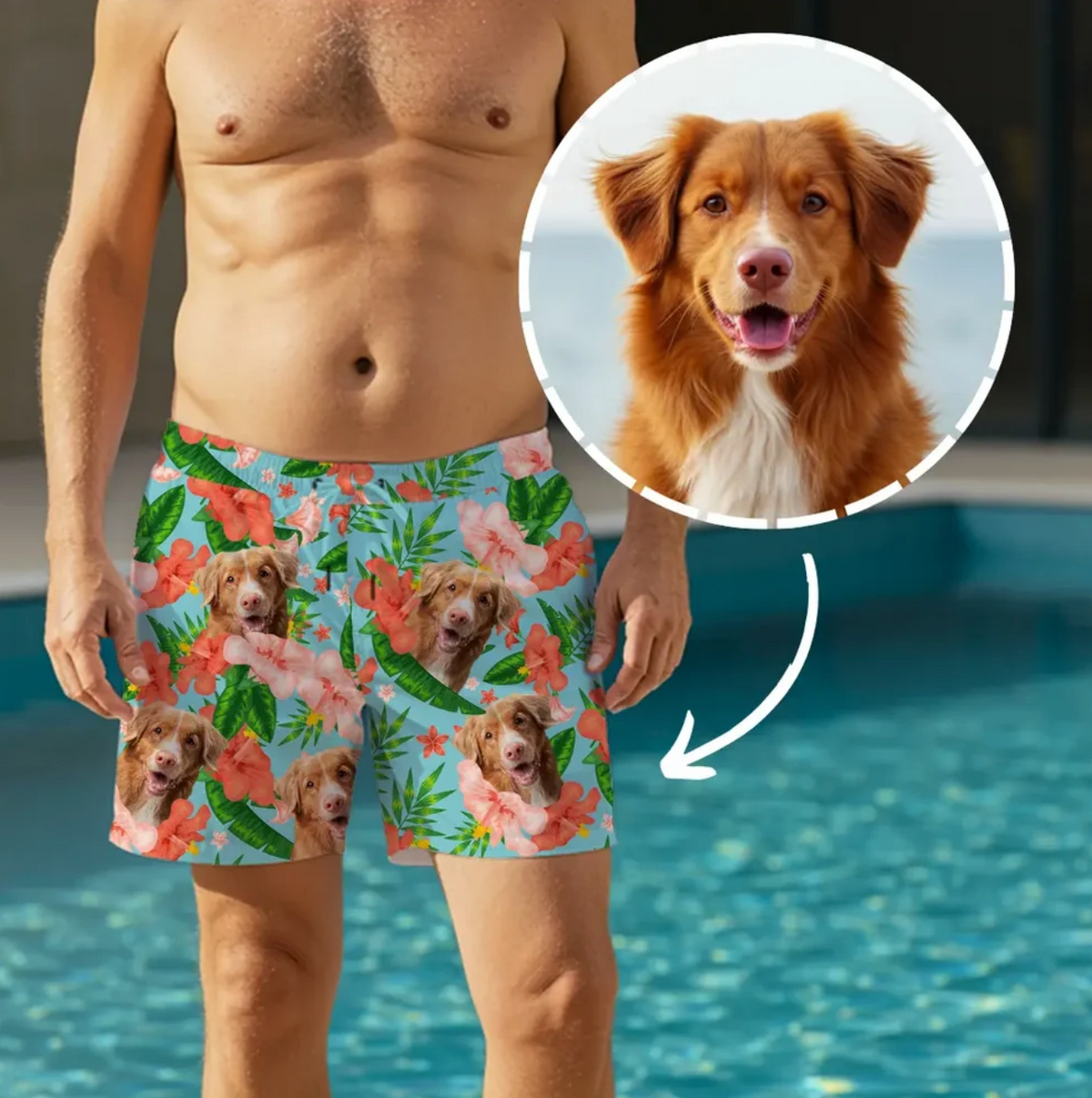Personalisierte Badehose mit buntem Blumendesign und Hundemotiv auf blauer Hintergrundfarbe.