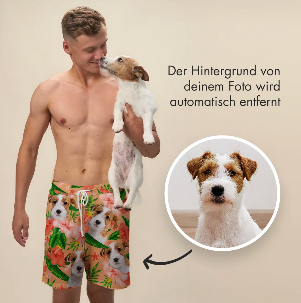 Person man mit kurzer Badehose, bedruckt mit Hundemotiv und Blumen, hält Hund auf dem Arm.