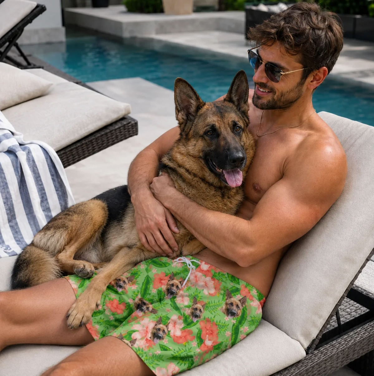 Person sitzt am Pool auf einer Liege und trägt eine personalisierte Badehose mit Hundemotiven auf grünem Hintergrund.