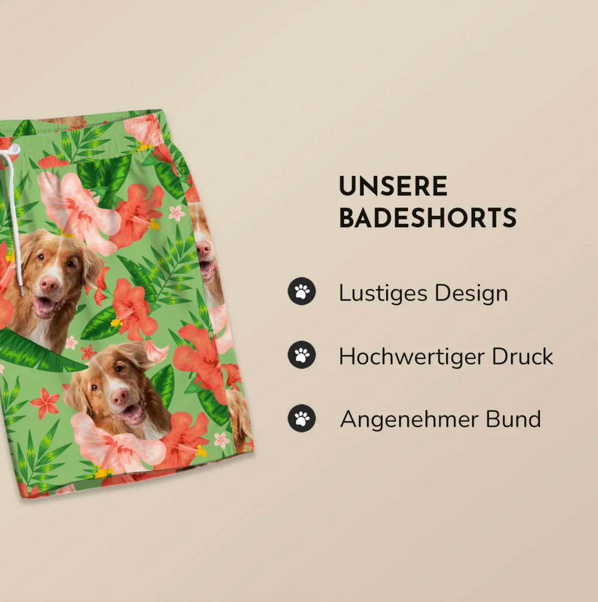 Personalisierte Badehose mit buntem Blumenmotiv und Hundebild, grünem Hintergrund und elastischem Bund.