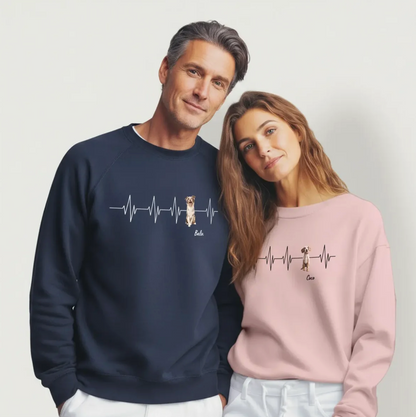 Zwei personalisierte Sweatshirts in Dunkelblau und Rosa mit Herzschlag-Design und Hundemotiven.