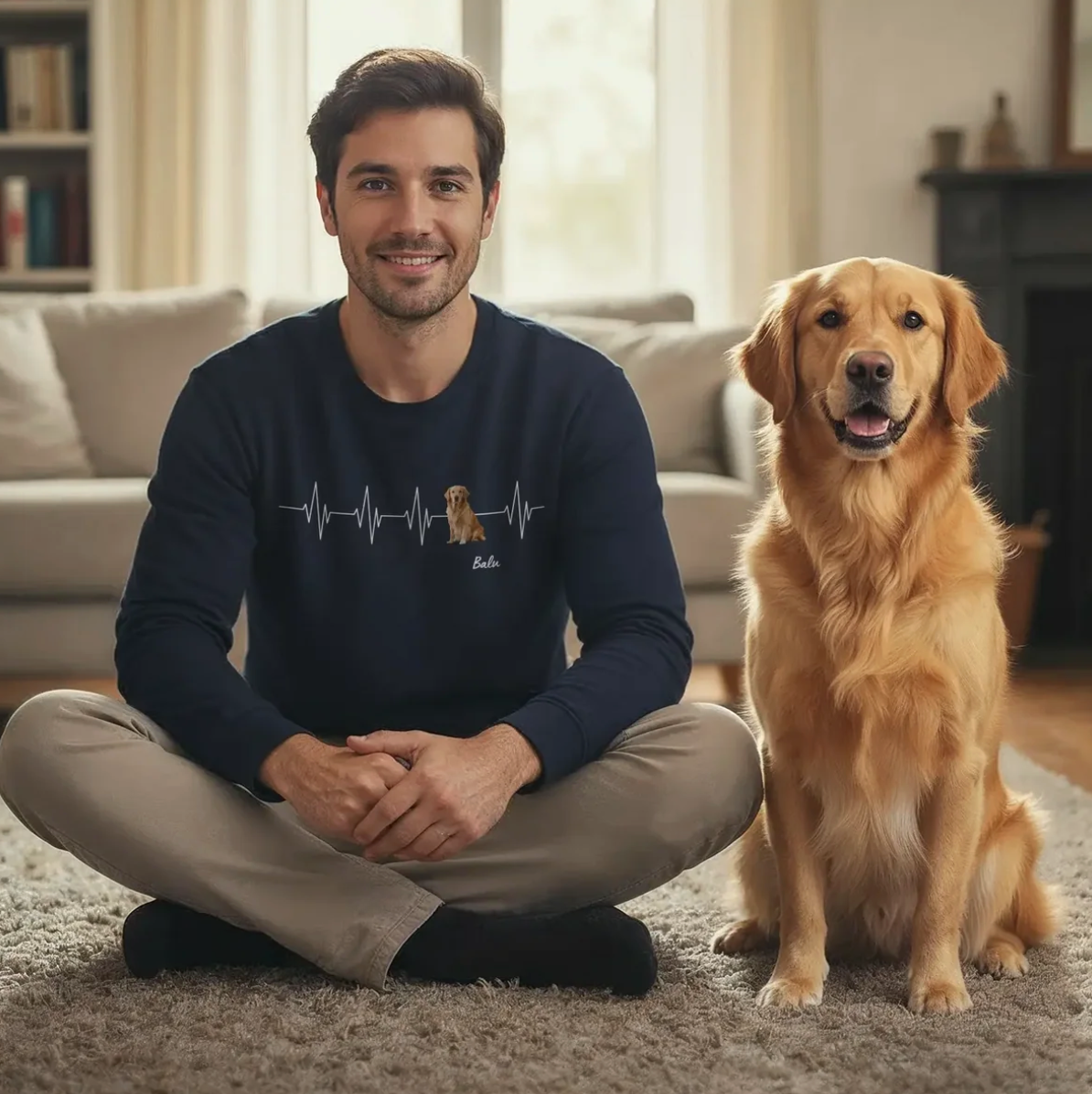 Mann sitzt im Wohnzimmer auf dem Teppich, trägt ein schwarzes Sweatshirt mit Herzschlag-Motiv und daneben ein Golden Retriever.