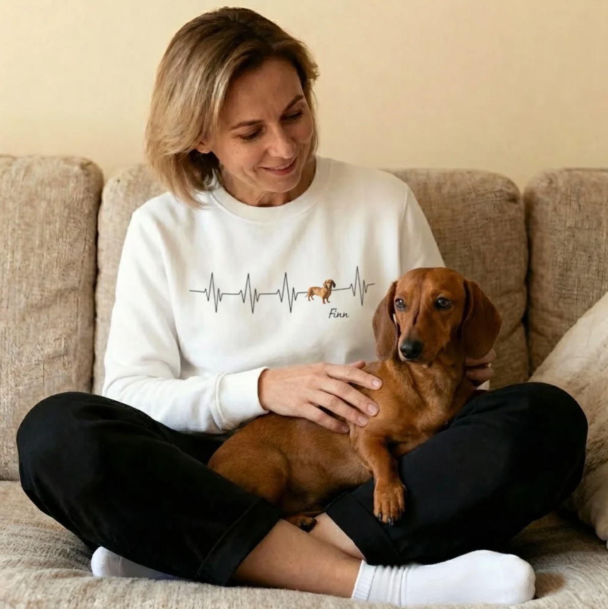 Weißes Sweatshirt mit Herzschlag-Motiv und einem Hund, lächelnde Frau sitzt mit einem Dackel auf einem Sofa.