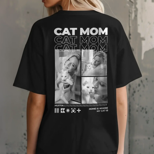Schwarzes T-Shirt mit Aufdruck „Cat Mom“ und Bildern von Katzen und einer Frau auf der Rückseite.