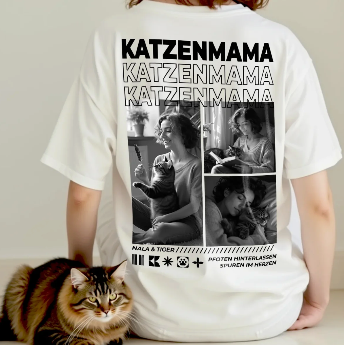 Weißes T-Shirt mit dem Aufdruck "Katzenmama" und Fotocollage von Katzenbesitzern.