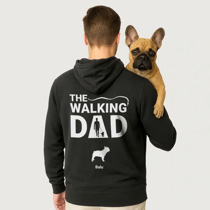 Schwarzer Hoodie mit dem Aufdruck "THE WALKING DAD" und einem Hundemotiv auf der Rückseite.
