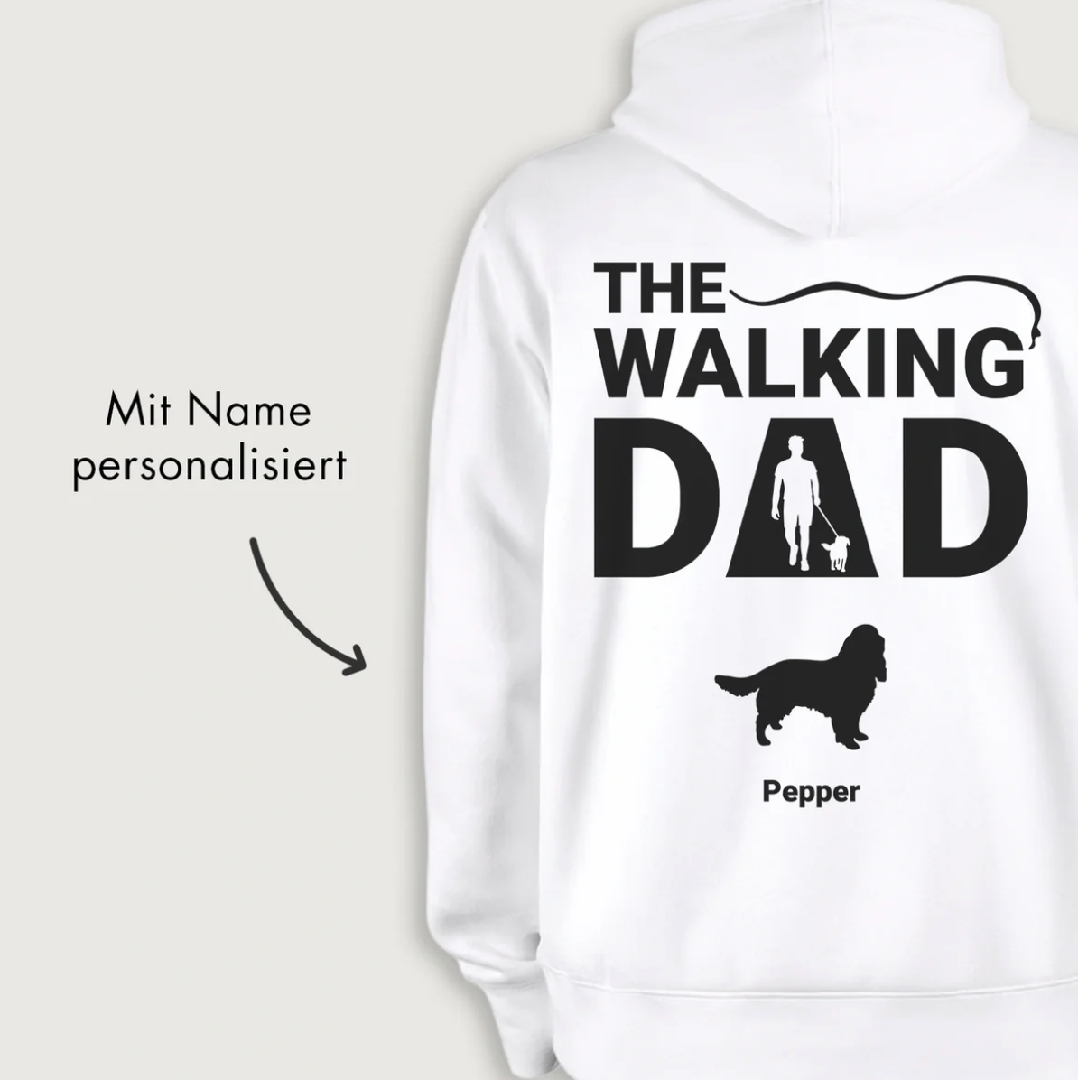 Weißer Hoodie mit grafischem Druck "THE WALKING DAD" und personalisierbarem Namen.