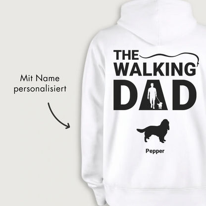Weißer Hoodie mit grafischem Druck "THE WALKING DAD" und personalisierbarem Namen.