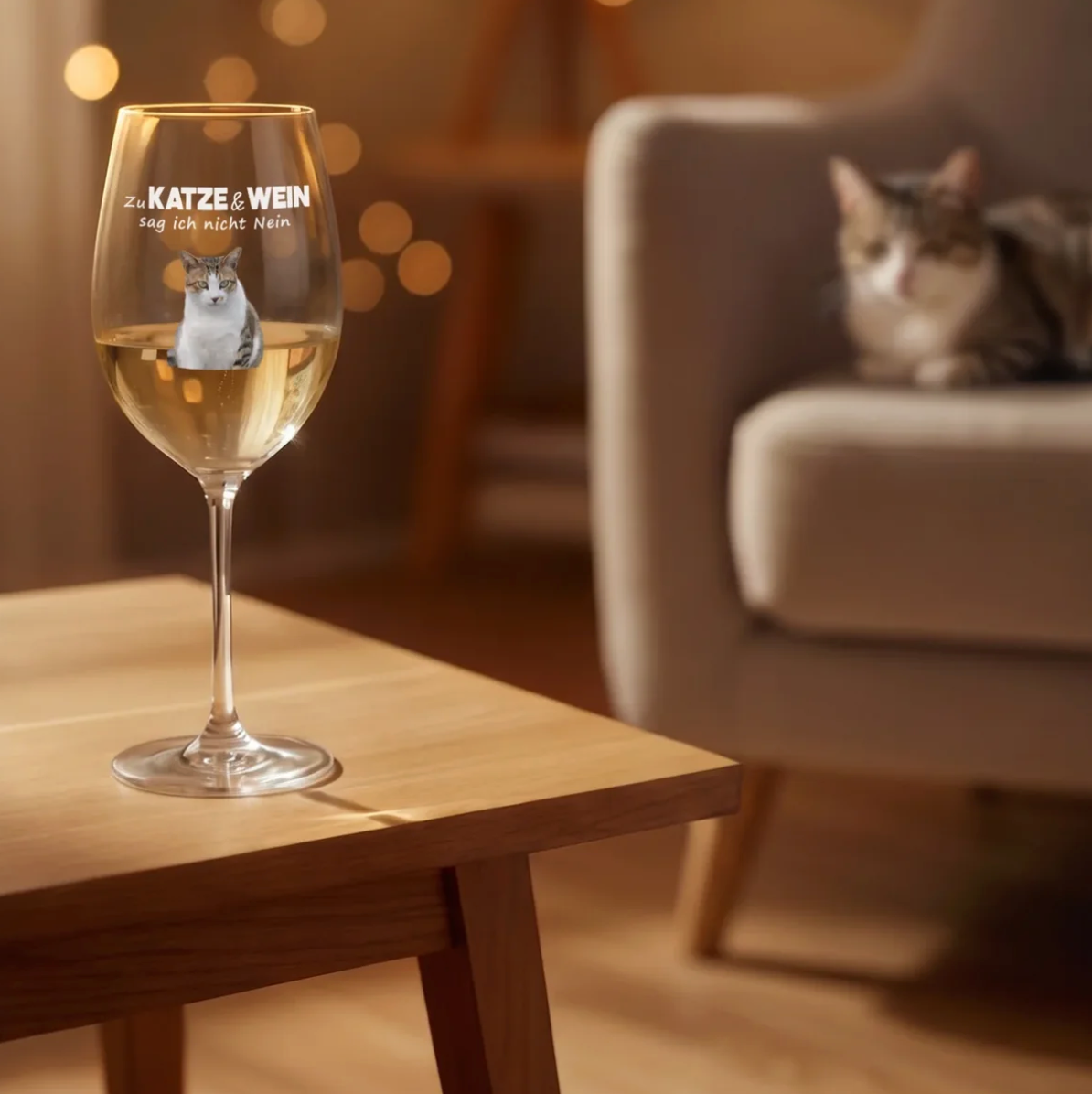 Personalisiertes Weinglas mit Aufdruck; glas, transparent, in einem gemütlichen Wohnambiente mit Katze im Hintergrund.