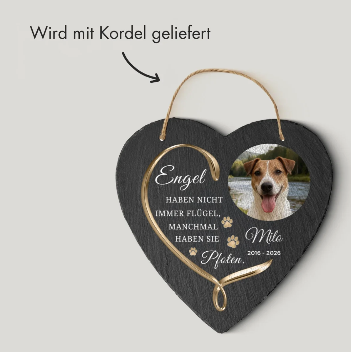 Personalisierte Schieferherz-Fotoplatte mit Aufschrift und Kordel, dunkler Schieferfarbe.