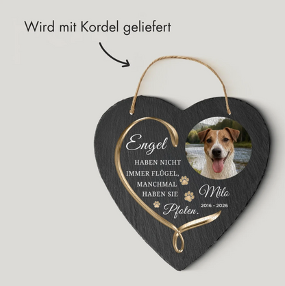 Personalisierte Schieferherz-Fotoplatte mit Aufschrift und Kordel, dunkler Schieferfarbe.