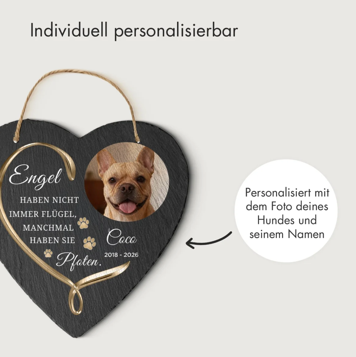 Schieferherz mit Gravur, personalisierbar mit Hundebild und Namen, dunkelgrau.