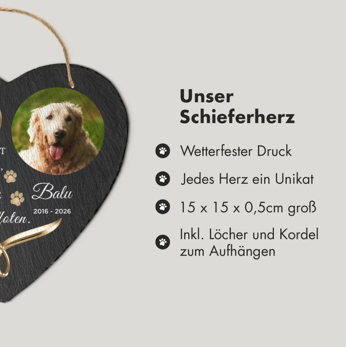 Personalisierbares Schieferherz mit Foto und Schriftzug, 15x15cm, wetterfest, mit Aufhängeloch und Kordel.