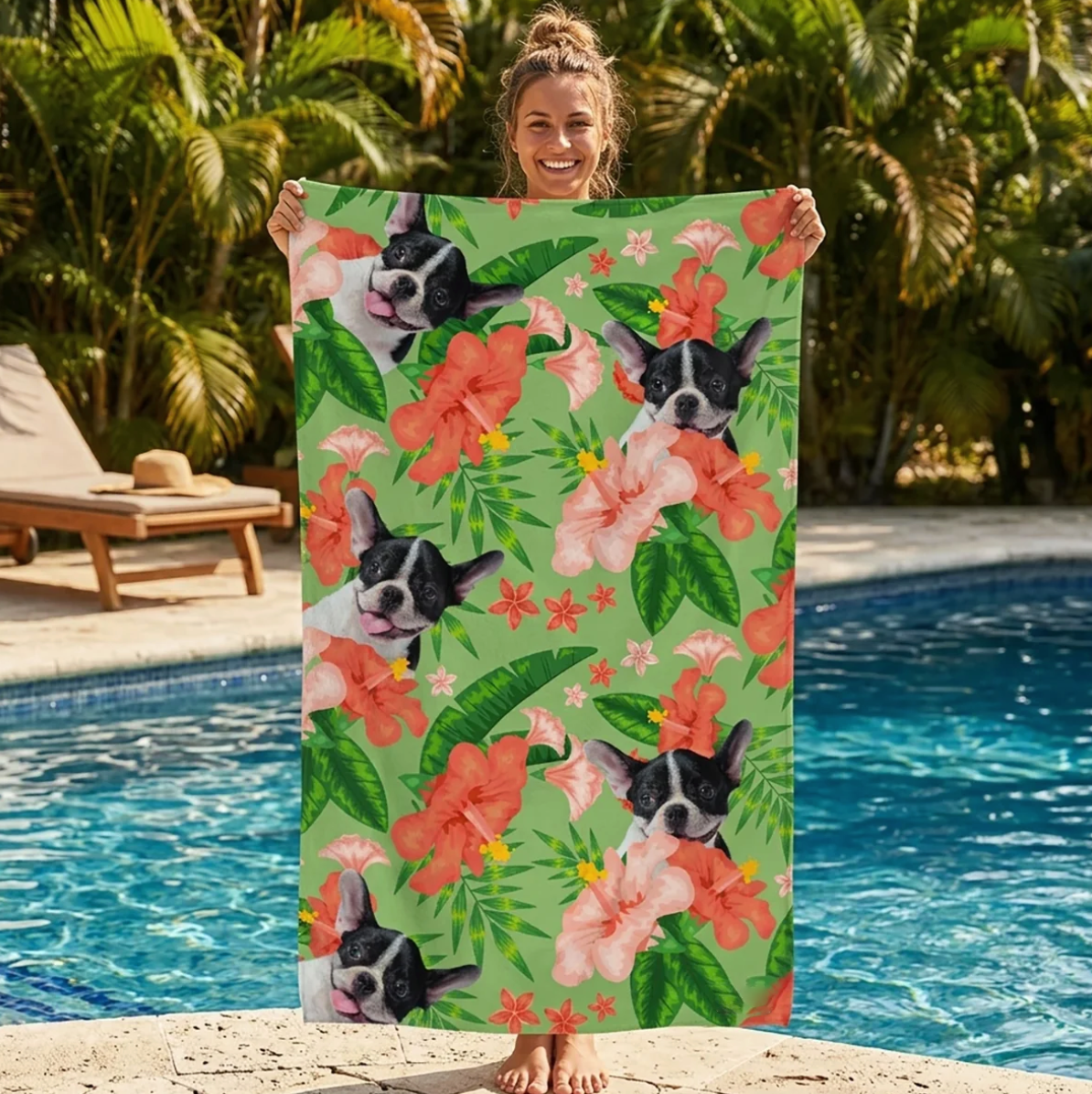 Personalisierbares Strandtuch mit grünem Hintergrund und buntem Blumen- und Hundemuster.