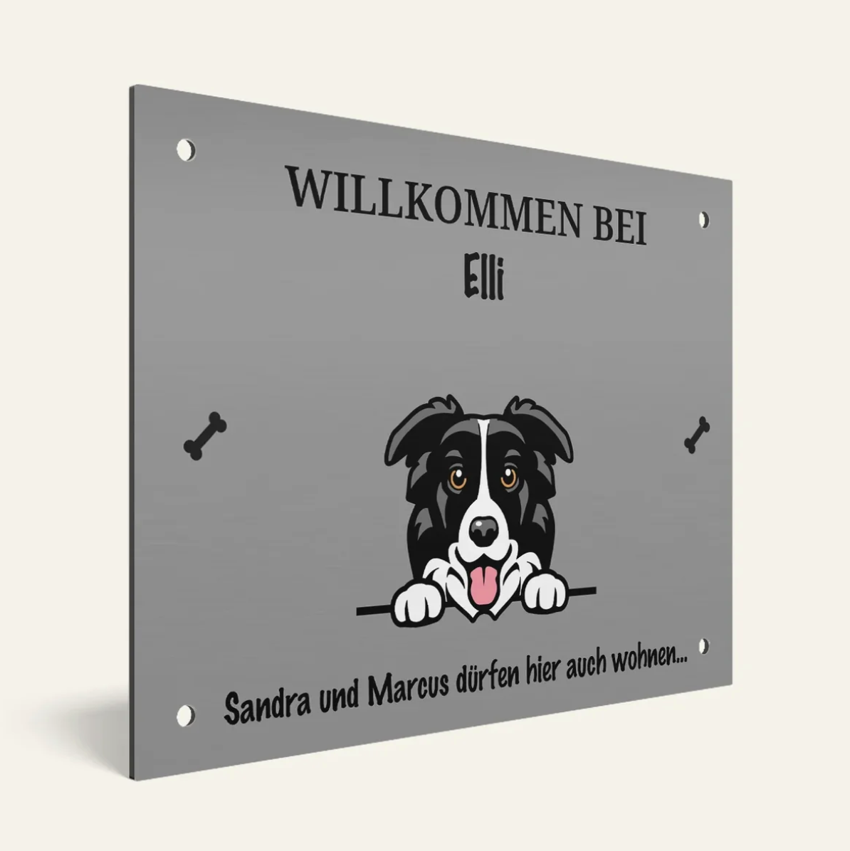 Personalisiertes Türschild aus Metall in Silber mit Hundemotiv und Namen.