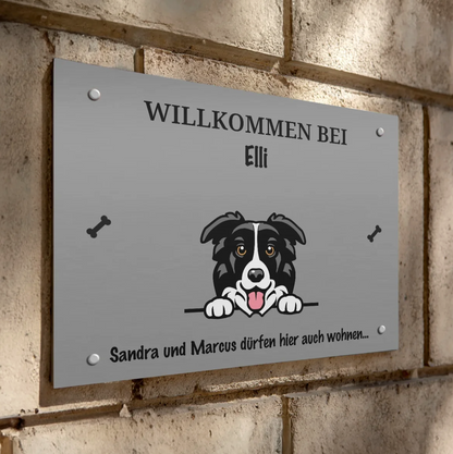 Personalisiertes Türschild aus Metall mit Hundemotiv und Namen Elli, grau mit schwarzer Schrift.