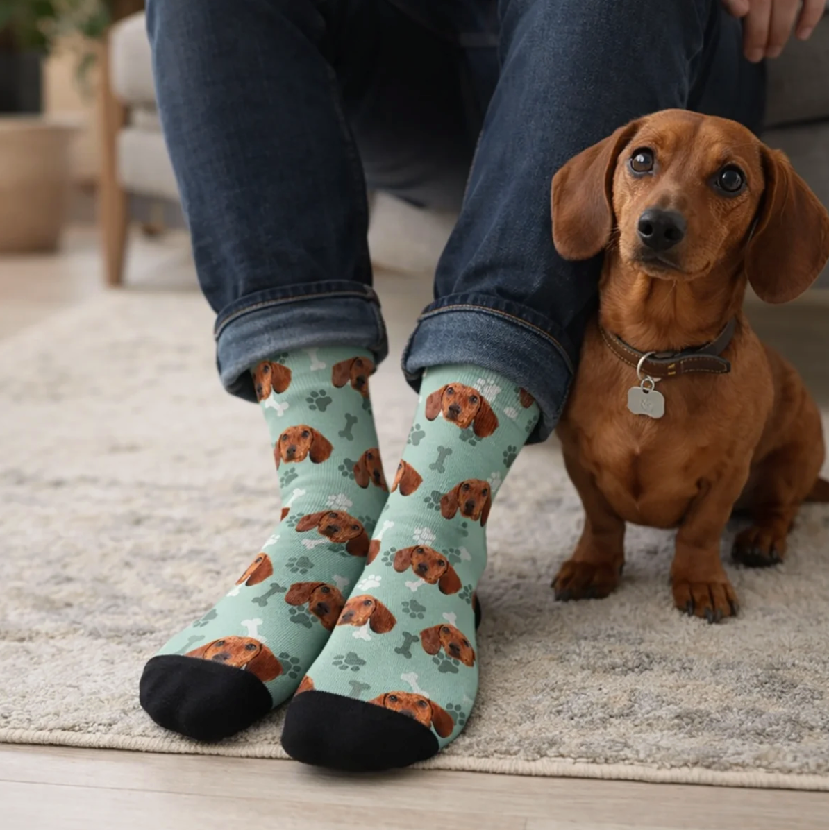 Personalisierte Socken mit Hundemotiv in Mintgrün und schwarzem Fußbereich, getragen von einer Person. Hund sitzt daneben.