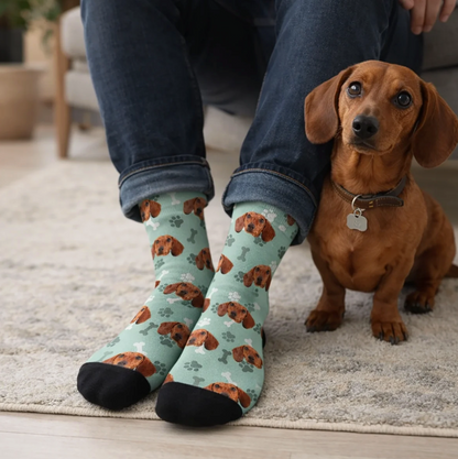 Personalisierte Socken mit Hundemotiv in Mintgrün und schwarzem Fußbereich, getragen von einer Person. Hund sitzt daneben.