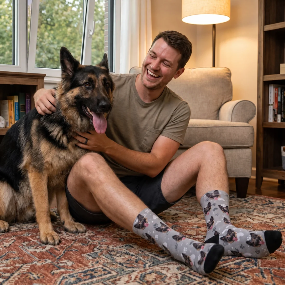 Personalisierte Socken mit Hundemotiv, grau mit schwarzen und rosa Akzenten, getragen von einem Mann mit Hund.