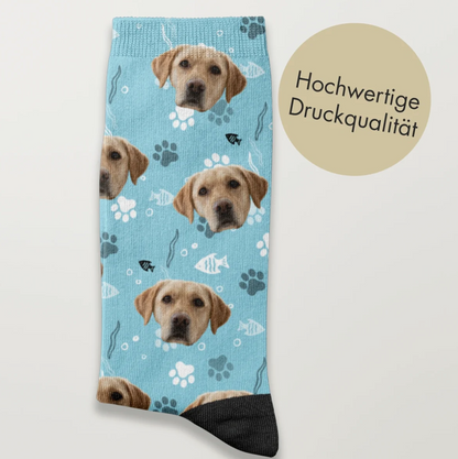 Blaue Socken mit Hundemotiv und Pfotenabdrücken, hoher Druckqualität.