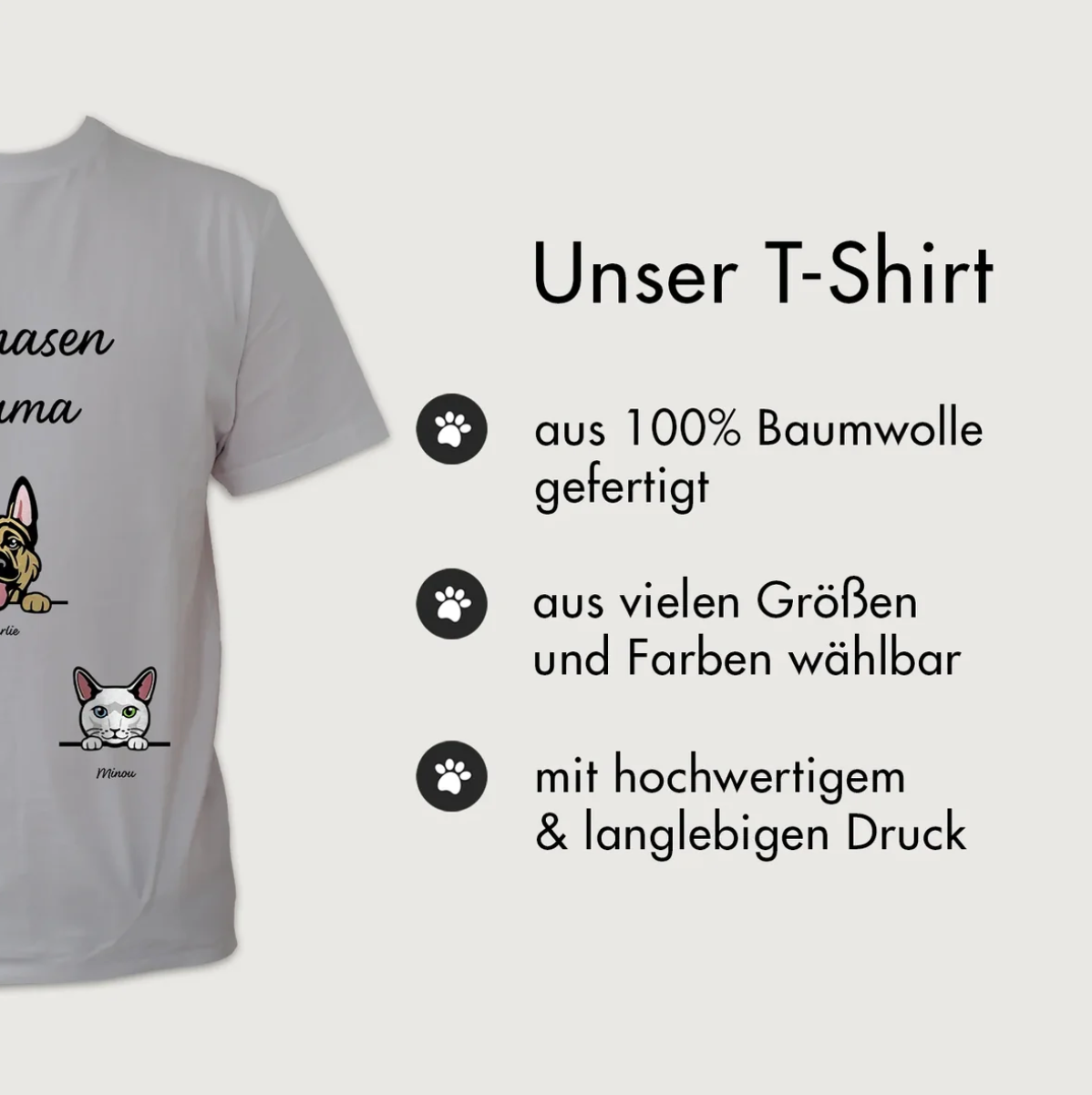 Graues T-Shirt aus 100% Baumwolle mit personalisiertem Druck von Haustieren.