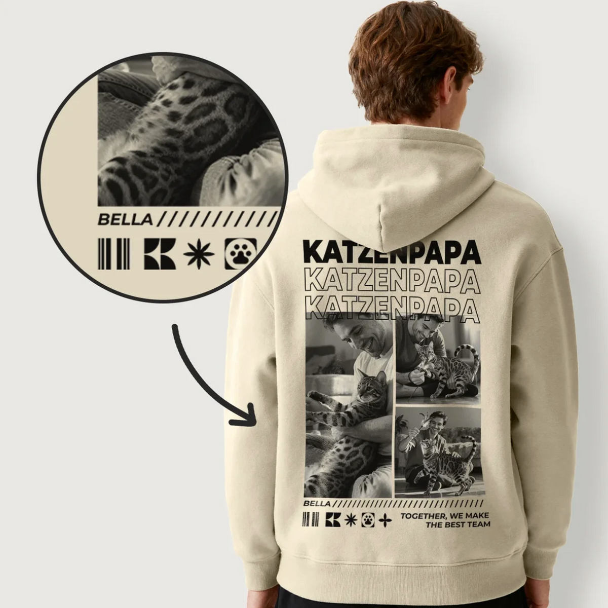 Beige Hoodie mit Aufdruck "Katzenpapa" und Bildern von Katzenhalter und Katzen. Personalisierbar mit Namen.