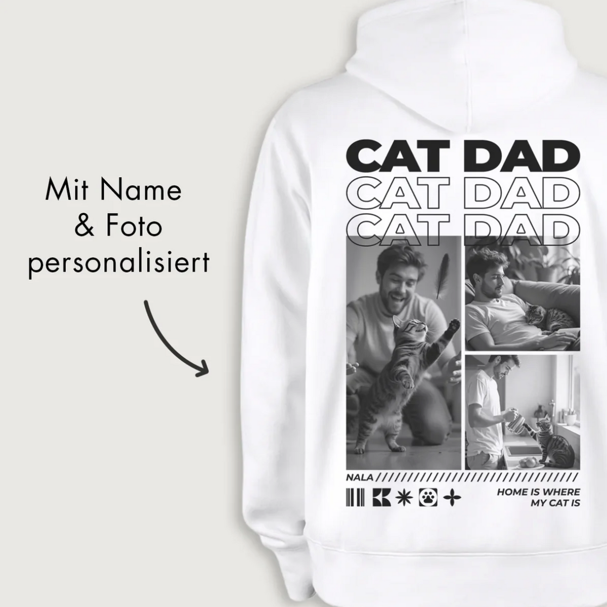 Weißer Hoodie mit personalisierbarem Aufdruck "Cat Dad" und Foto-Segmenten.