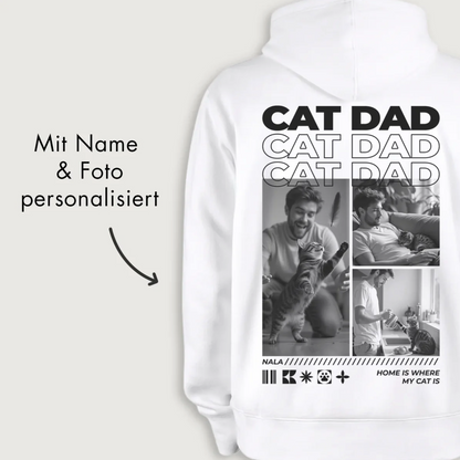 Weißer Hoodie mit personalisierbarem Aufdruck "Cat Dad" und Foto-Segmenten.