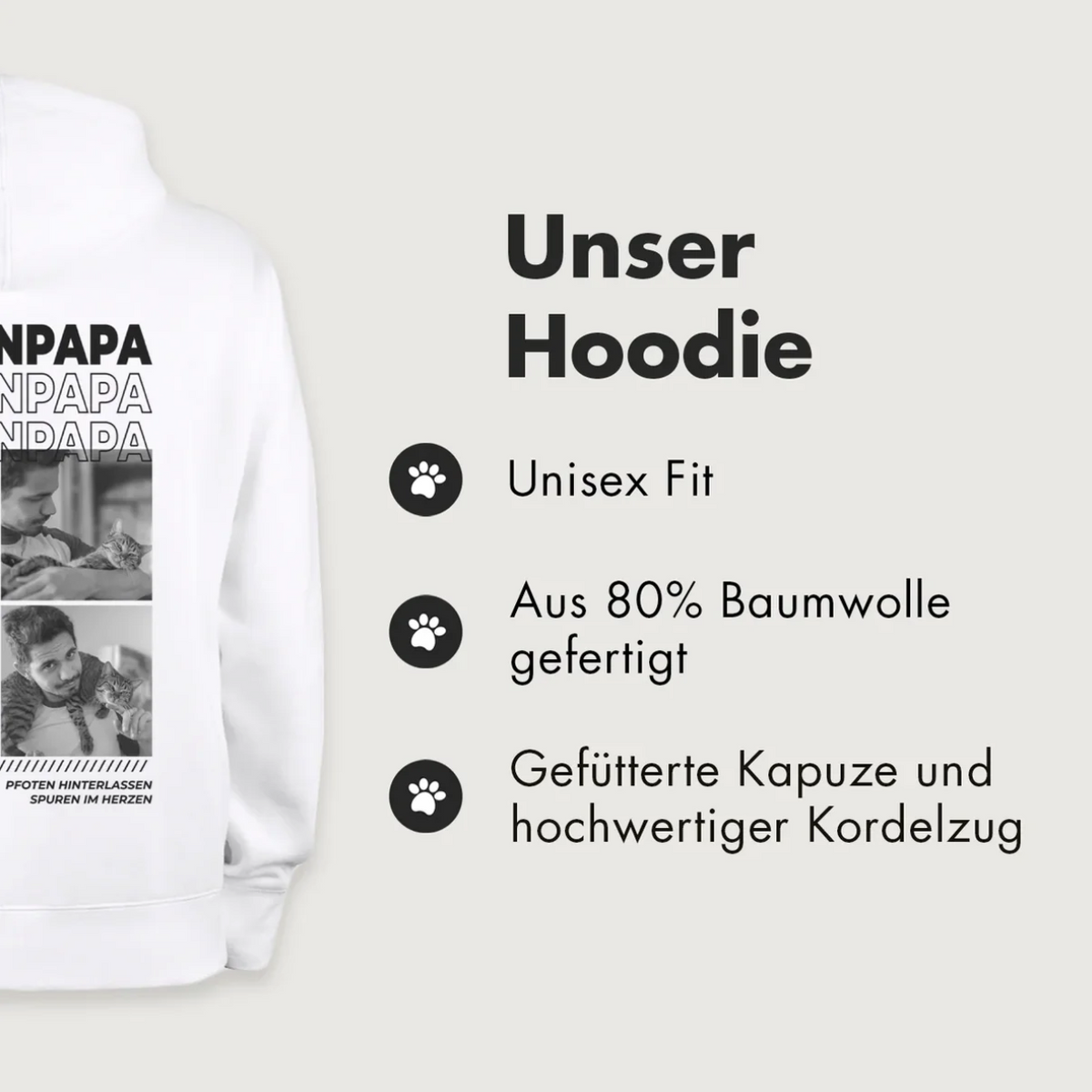 Weißer Hoodie mit Kängurutasche, gefütterter Kapuze und schwarzem Aufdruck "Cat Dad". Hergestellt aus 80% Baumwolle.
