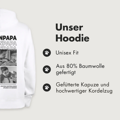 Weißer Hoodie mit Kängurutasche, gefütterter Kapuze und schwarzem Aufdruck "Cat Dad". Hergestellt aus 80% Baumwolle.