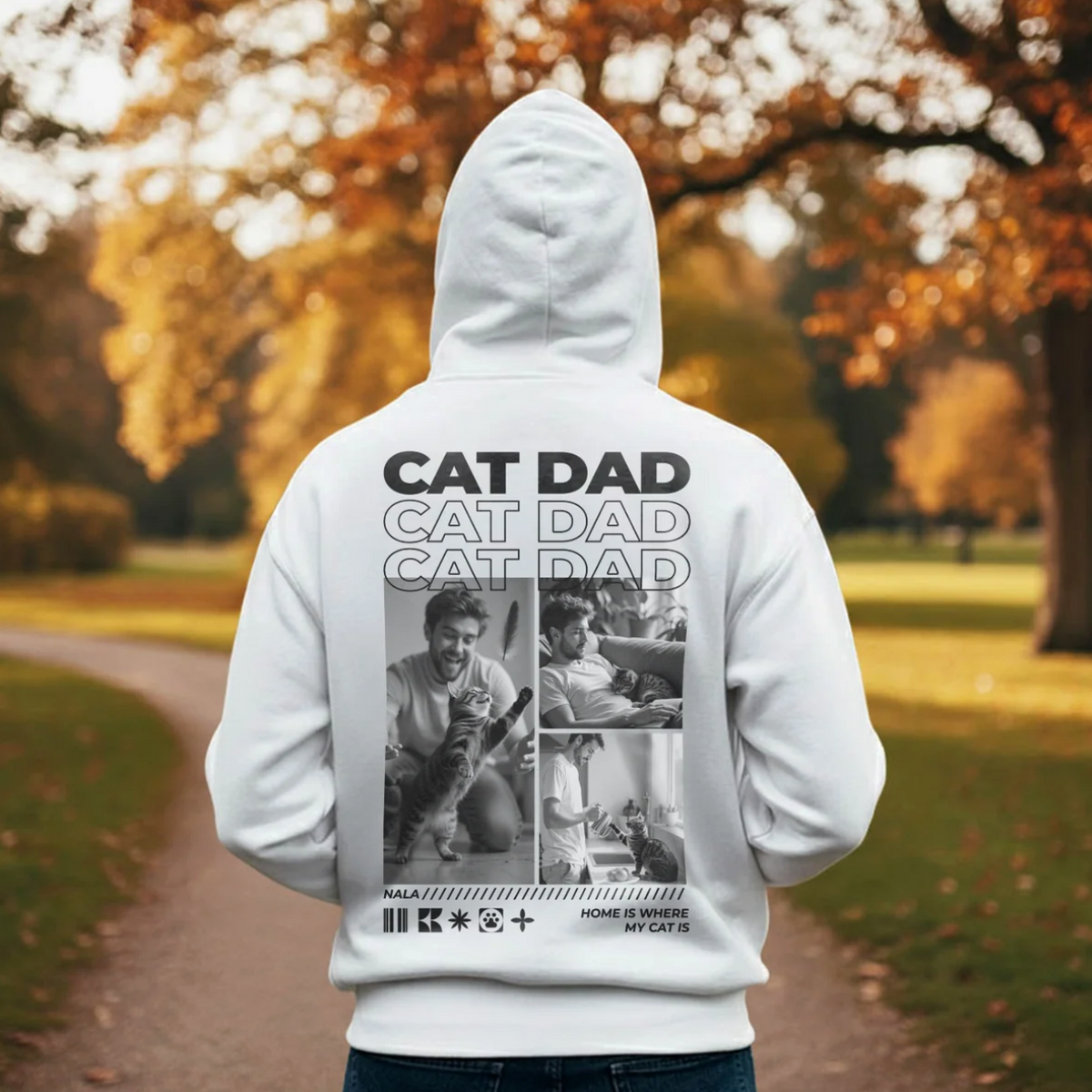 Weißer Hoodie mit "CAT DAD"-Aufdruck und Bildern von Katzen auf der Rückseite.