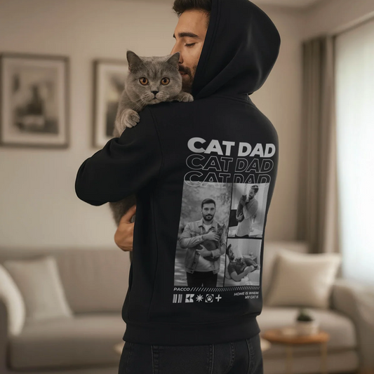 Schwarzer Hoodie mit Aufdruck "CAT DAD" und Fotos eines Mannes mit Katze.