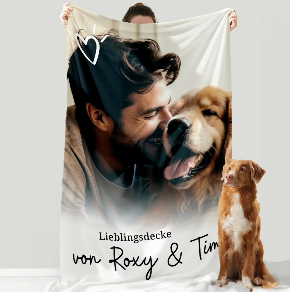 Personalisierte Decke mit einem Foto von einem Mann und einem Hund, darunter der Text "Lieblingsdecke von Roxy & Tim".