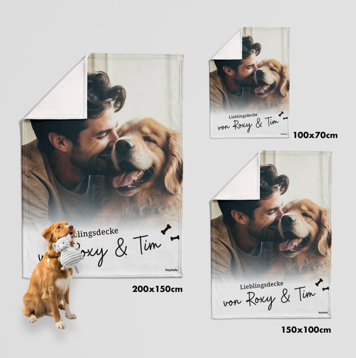Personalisierte Haustierdecke mit Foto von Mensch und Hund, verfügbar in drei Größen: 200x150cm, 150x100cm, 100x70cm.